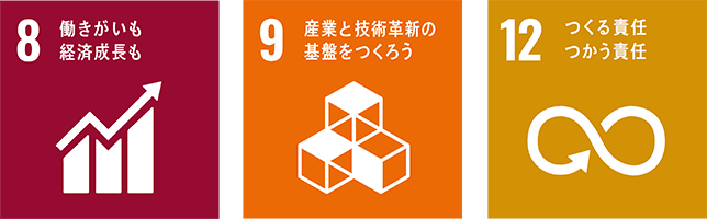 8 働きがいも経済成長も、9 産業と技術革新の基礎をつくろう、12 つくる責任つかう責任