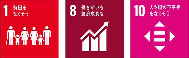 1 貧困をなくそう、8 働きがいも経済成長も、10 人や国の不平等をなくそう